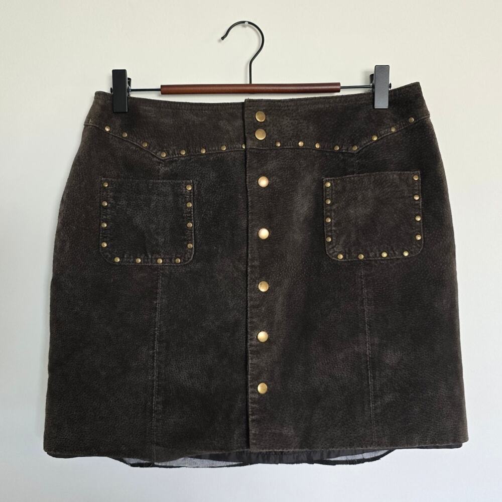 Route 66 Vintage Brown Suede Studded Snap Front Mini Skirt Size 10